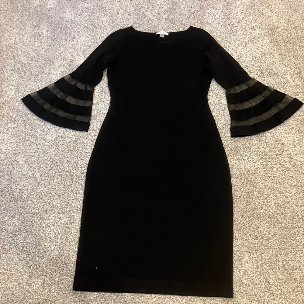 Calvin Klein Black Sheath Dress Sheer Mesh Striped Bell Sleeve Size S Witchy LBD